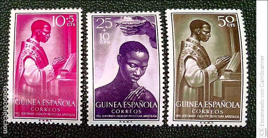Sellos: Guinea. 344/46 Centenario de la Prefectura Apost&oacute;lica de Fernando Poo: Sacerdote ind&iacute;gena y bautismo