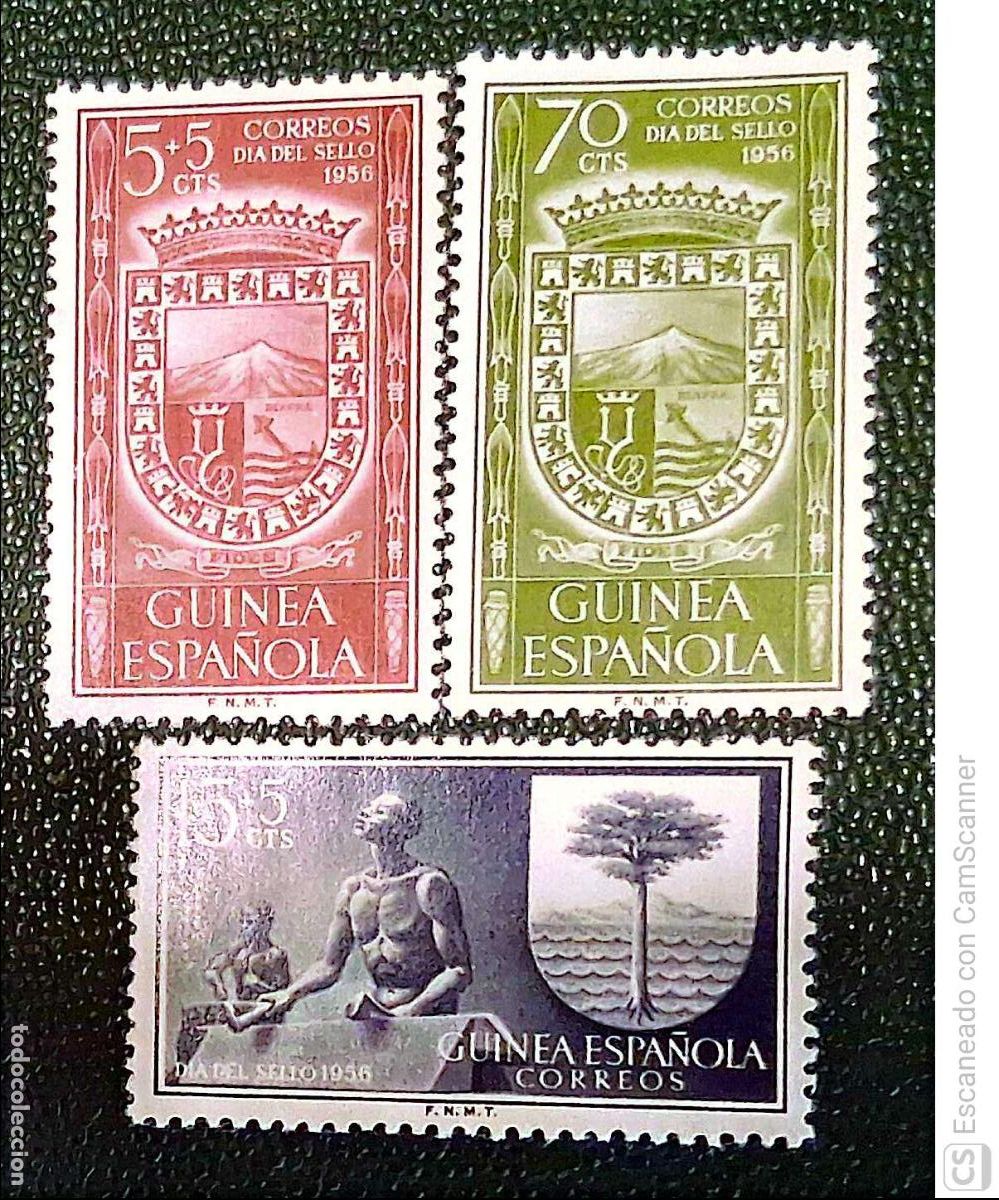 Sellos: Guinea. 362/64 D&iacute;a del Sello: Escudos de Santa Isabel y Bata. 1956. Sellos nuevos y numeraci&oacute;n Edifi