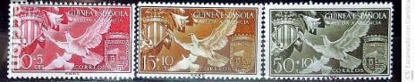 Sellos: Guinea. 373/75 Ayuda a Valencia: Escudos de Valencia y Santa Isabel, con palomas. 1958. Sellos nuevo