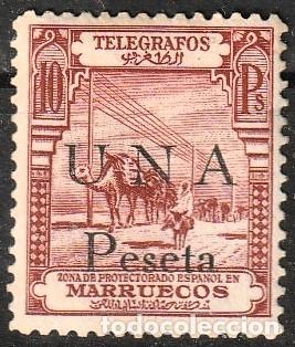 Sellos: Marruecos Espa&ntilde;ol Telegrafos edf n&ordm;34 Casta&ntilde;o 1pta s 10ptas.Sello nuevo con charnela MH.Habilitadoo.