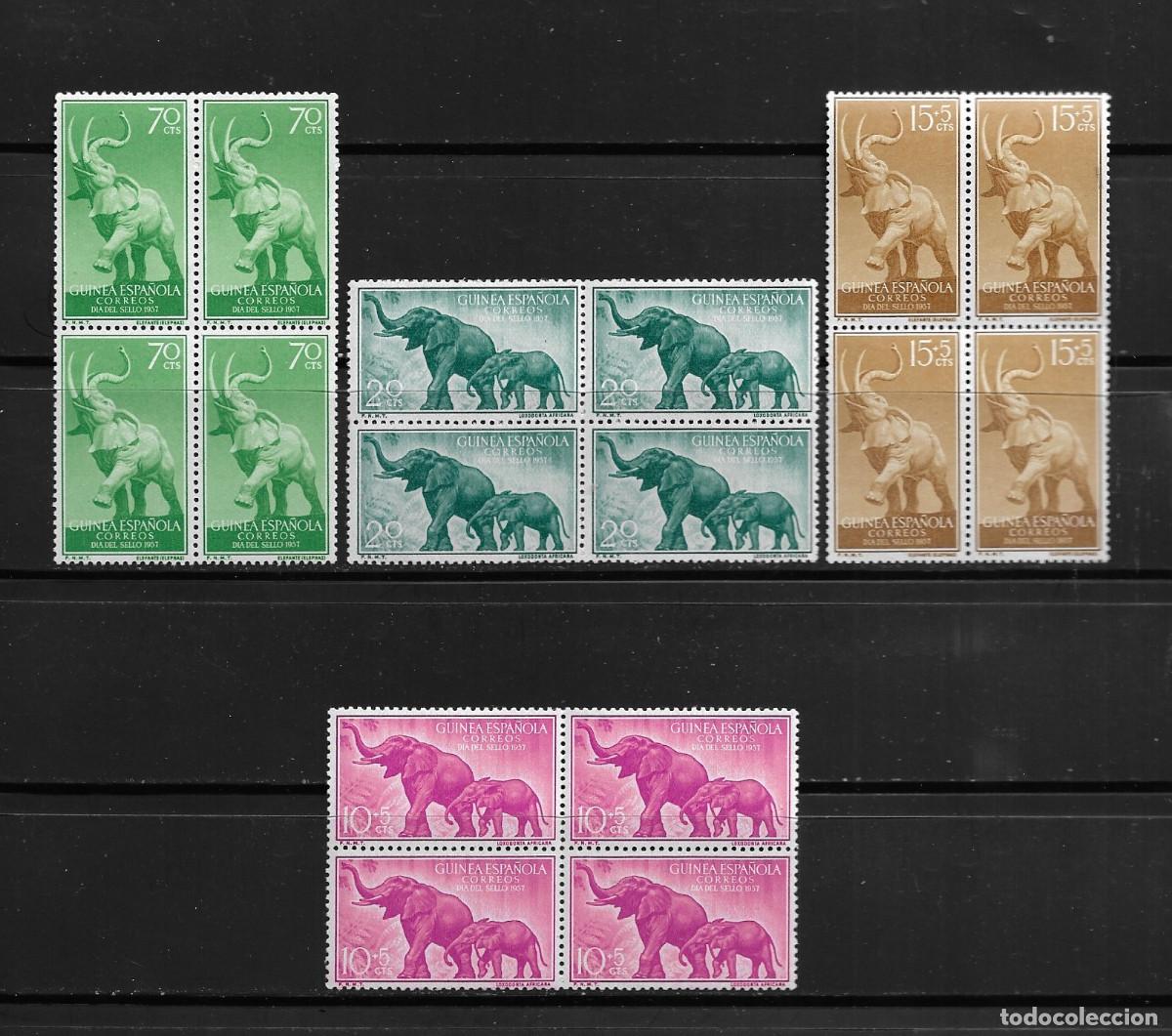 Sellos: GUINEA 1957, SERIE EDIFIL 369/72 EN BLOQUE DE 4. - D&Iacute;A DEL SELLO - ELEFANTES. MNH.