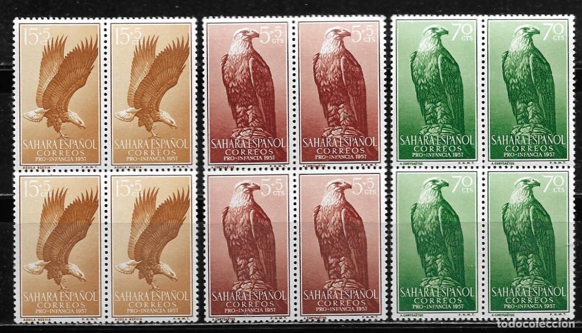 Sellos: SAHARA 1957, SERIE EDIFIL 139/41 EN BLOQUE DE 4 - PRO INFANCIA. MNH.