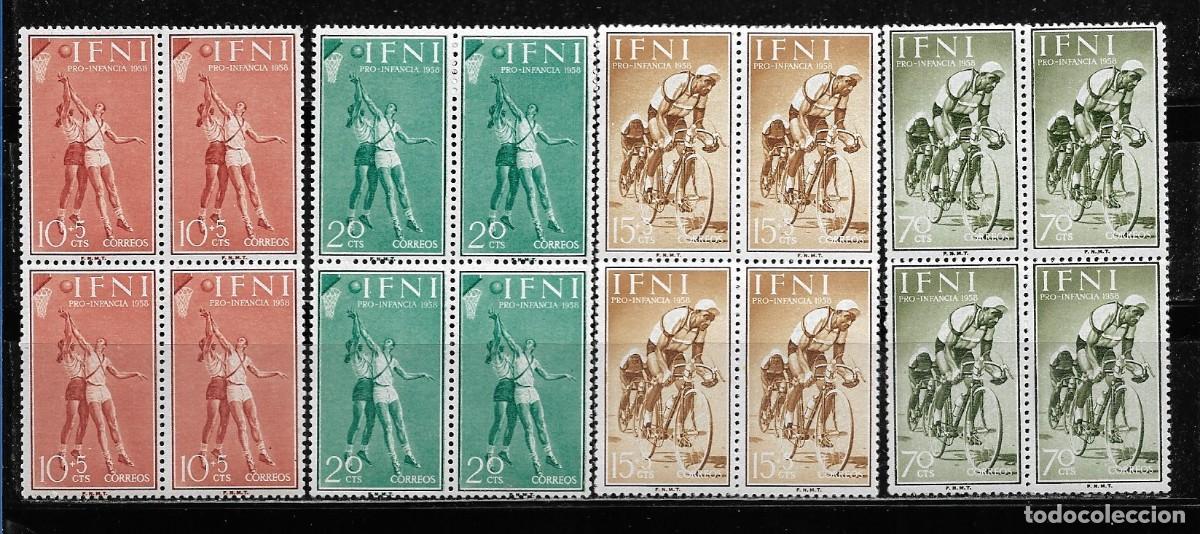 Sellos: IFNI 1958, EDIFIL 145/48 EN BLOQUE DE 4. - PRO INFANCIA, DEPORTES. MNH.