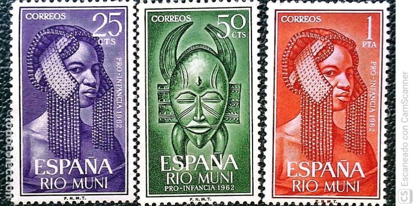 Sellos: R&iacute;o Muni. 29/31 Pro Infancia: Peinador ind&iacute;gena y m&aacute;scara. 1962. Sellos nuevos y numeraci&oacute;n Yvert.