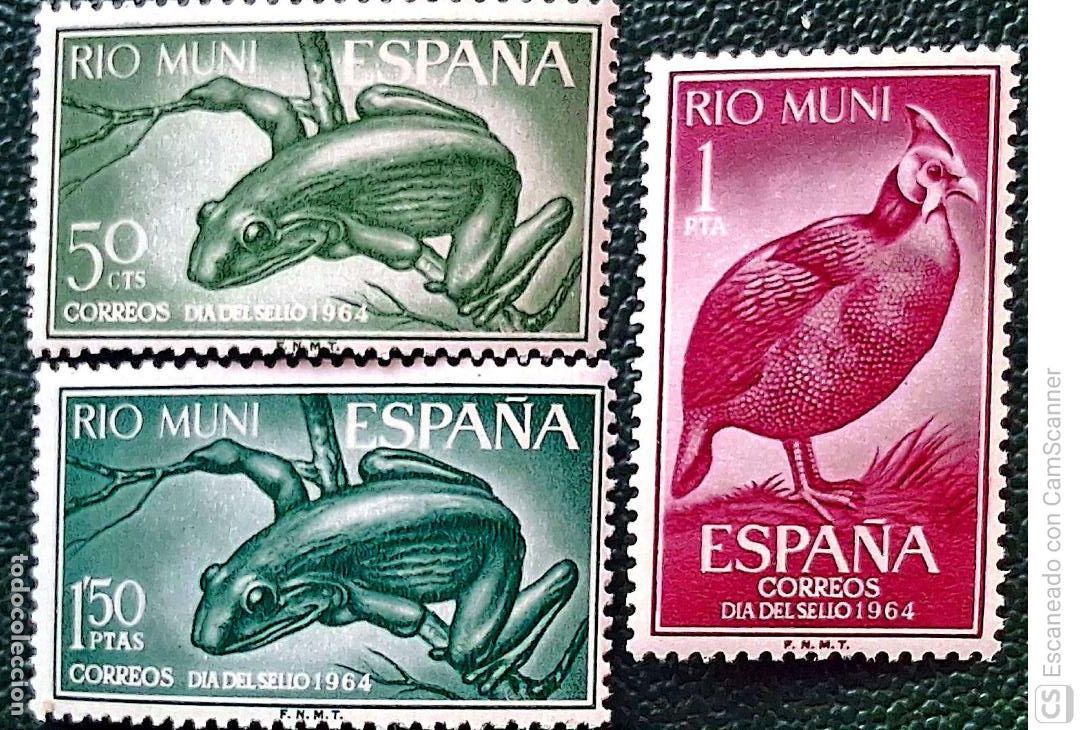 Sellos: R&iacute;o Muni. 57/59 D&iacute;a del Sello. Fauna: Cryptohylax greshoffi y Numida meleagris. 1964. Sellos nuevos