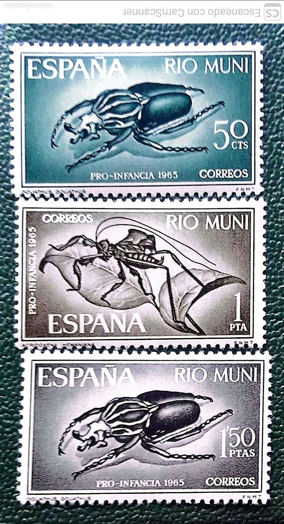Sellos: R&iacute;o Muni. 63/65 Pro Infancia. Fauna: Goliathus goliathus y acridoxena hewaniana. 1965. Sellos nuevos