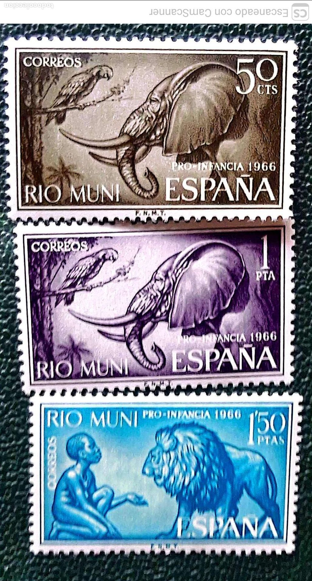 Sellos: R&iacute;o Muni. 69/71 Pro-Infancia. Fauna: Loxodonta africana y panthera leo. 1966. Sellos nuevos y numera