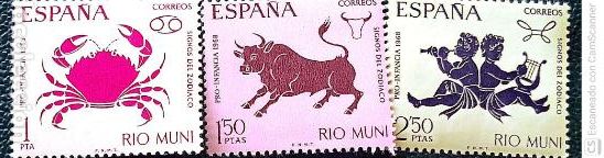 Sellos: R&iacute;o Muni. 83/85 Pro Infancia: Signos del Zodiaco: C&aacute;ncer, Tauro y G&eacute;minis. 1968. Sellos nuevos y num