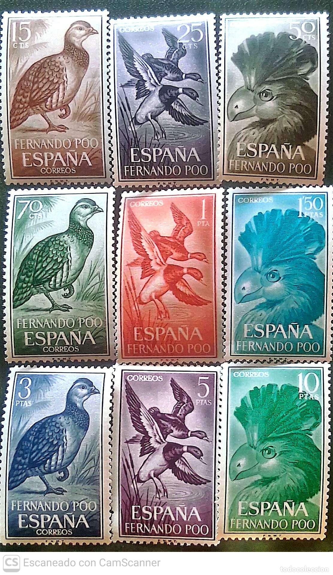 Sellos: Fernando Poo. 226/34 Aves : Francolinus, Anas y Corythaeda. 1964. Sellos nuevos y numeraci&oacute;n Yvert.