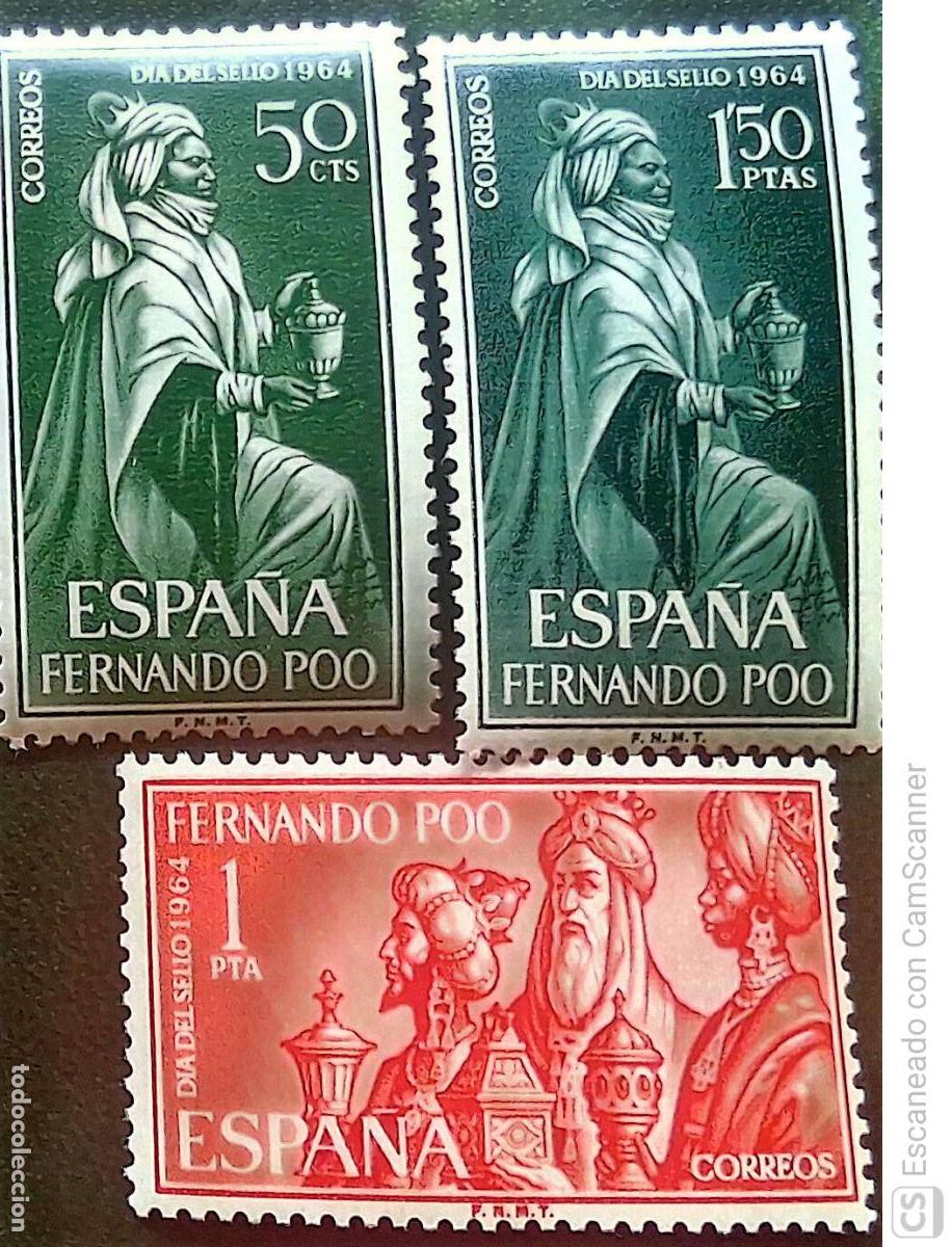 Sellos: Fernando Poo. 235/37 D&iacute;a del Sello: Reyes Magos. 1964. Sellos nuevos y numeraci&oacute;n Yvert.