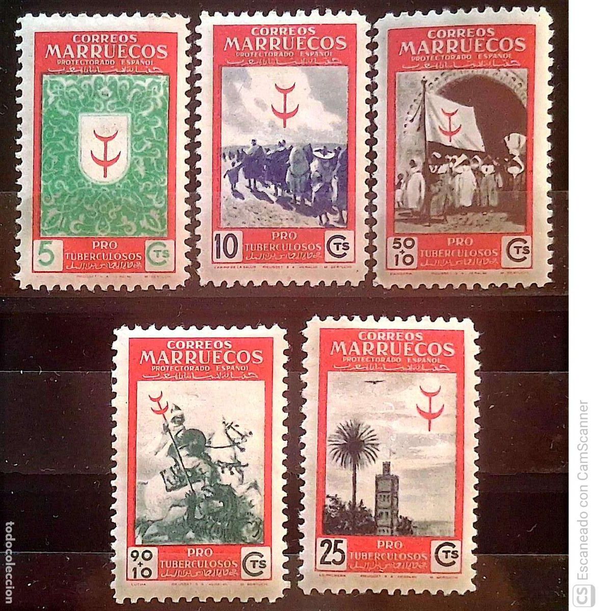 Sellos: Marruecos. 307/11 Pro tuberculosos: Escudo, Camino de la salud, Bandera, Lucha, La Palmera. 1949. Se