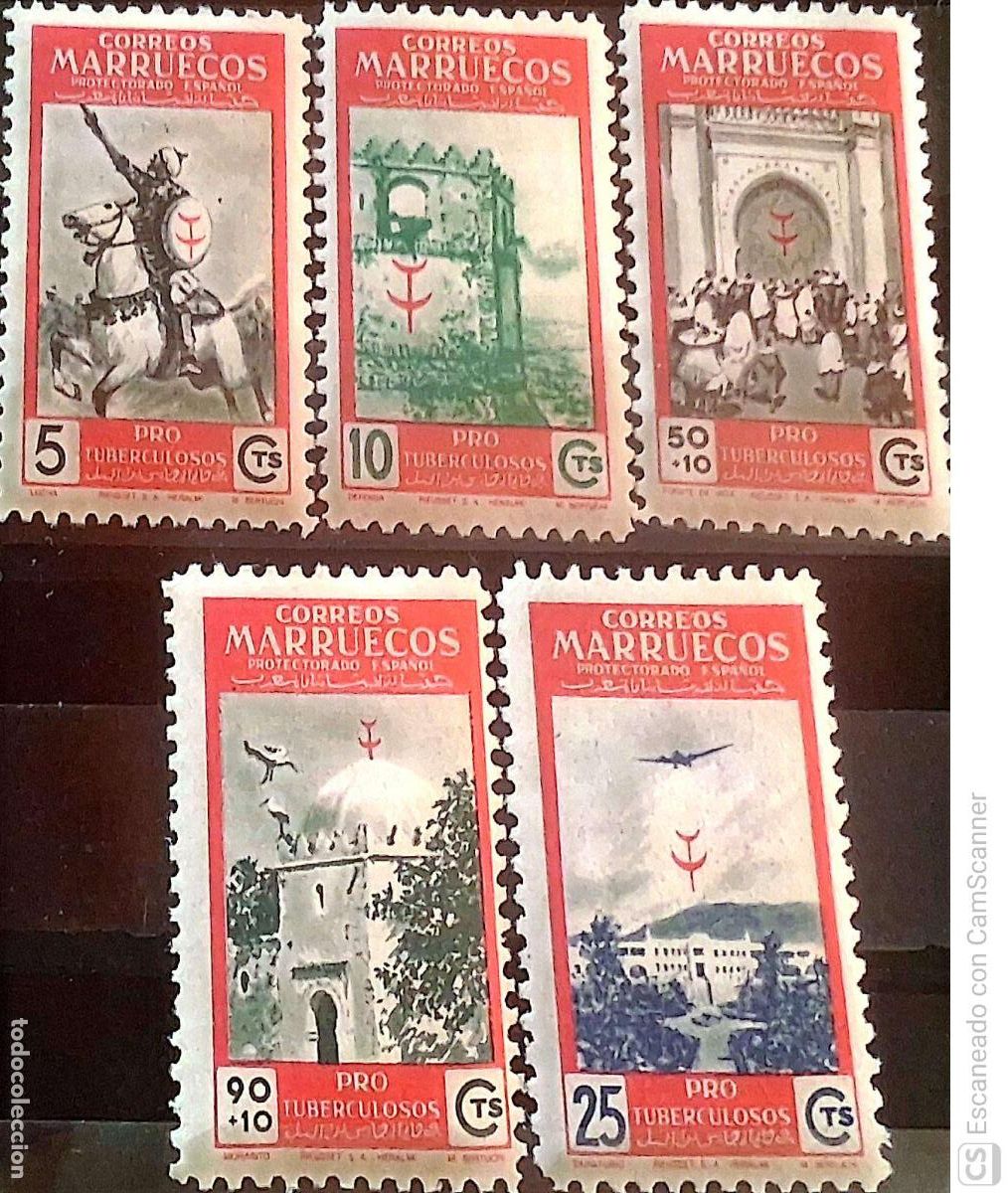 Sellos: Marruecos. 325/29 Pro tuberculosos: Lucha, Defensa, Fuente de vida, Morabito y Sanatorio. 1949. Sell