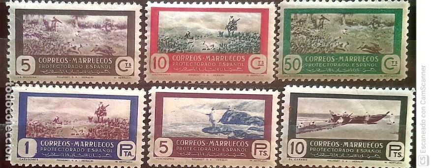 Sellos: Marruecos. 330/35 Caza y pesca: la monter&iacute;a, Cazadores, Pescadores y El Carabo. 1950. Sellos nuevos