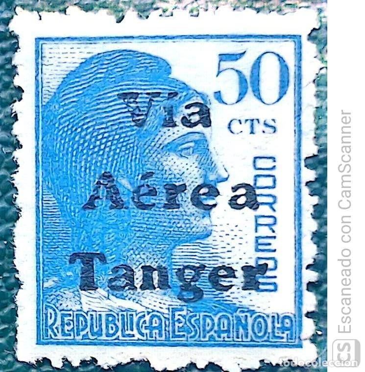 Sellos: T&aacute;nger. 136 Sello de Espa&ntilde;a. Habilitaci&oacute;n en color negro, impresa en T&aacute;nger: V&iacute;a A&eacute;rea Tanger. 1938