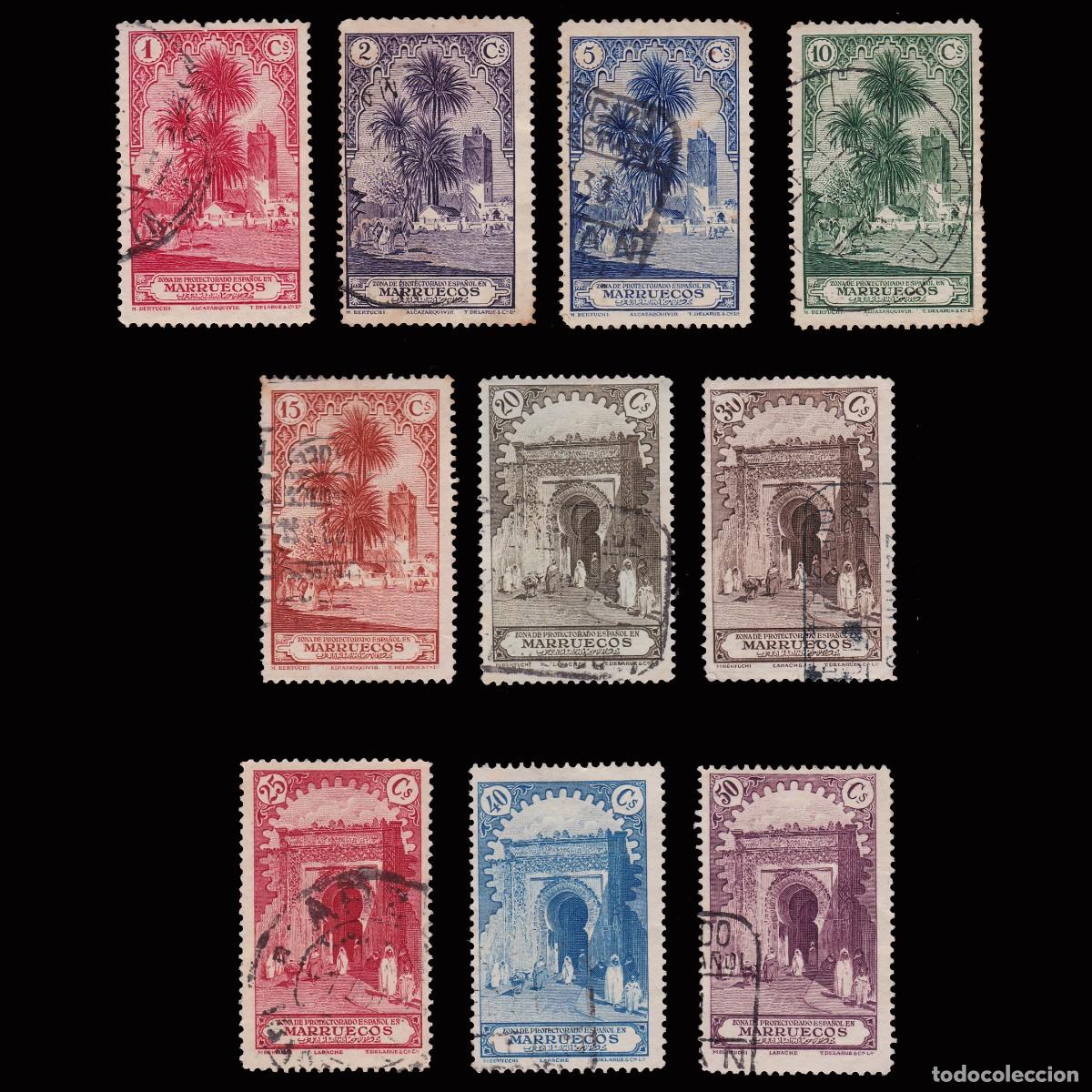 Sellos: MARRUECOS ESPA&Ntilde;A. 1928 10 valores Matasello. + OBSEQUIO.