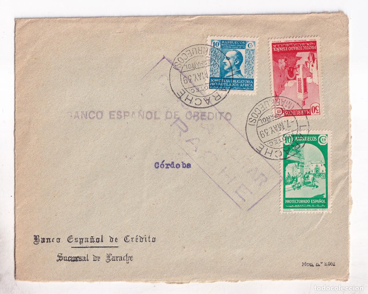 Sellos: SOBRE. LARACHE. 1939. A C&Oacute;RDOBA. CENSURA MILITAR. DORSO CARTER&Iacute;A.