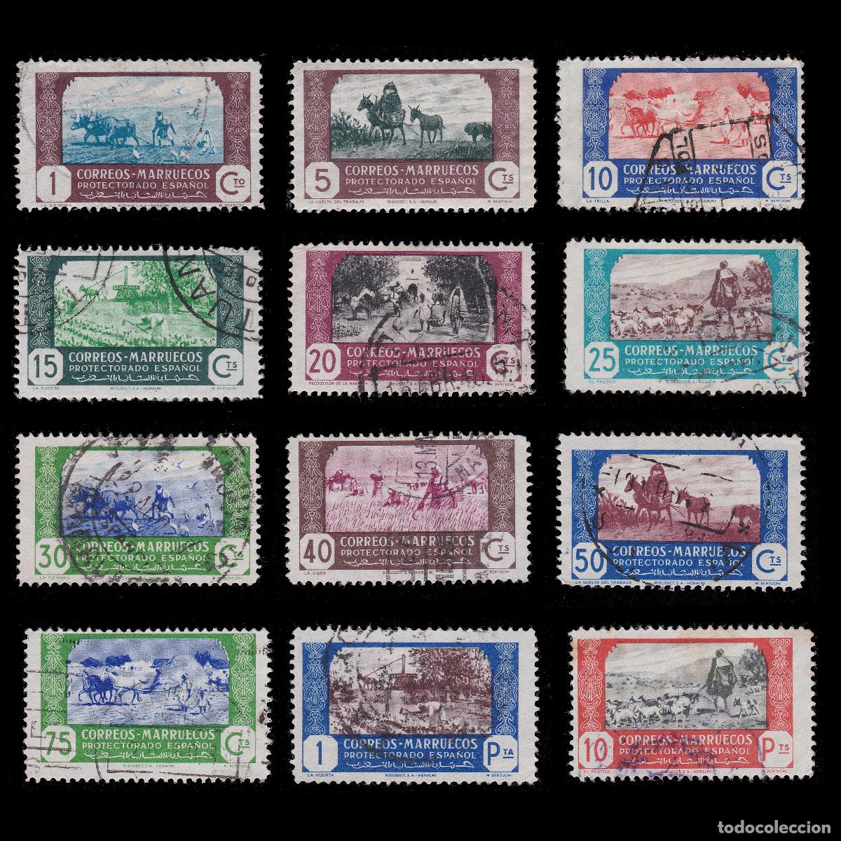 Sellos: MARRUECOS ESPA&Ntilde;OL. 1944. AGRICULTURA. 12 valores Matasello + OBSEQUIO.