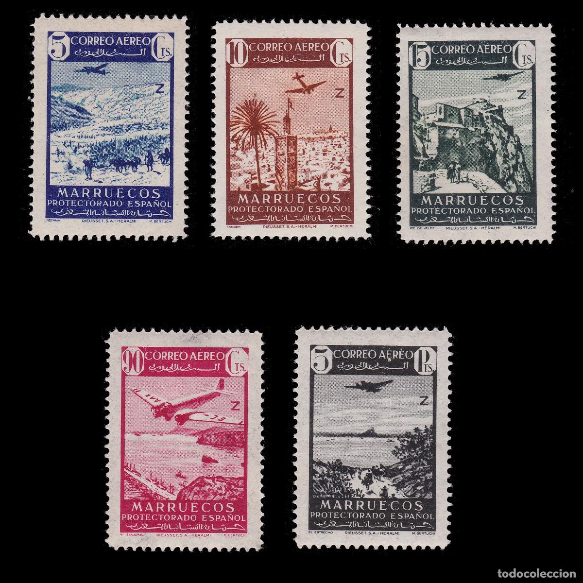 Sellos: MARRUECOS ESPA&Ntilde;OL.1942.Paisajes avi&oacute;n. Nuevo**. EDIFIL 241-245 + OBSEQUIO.