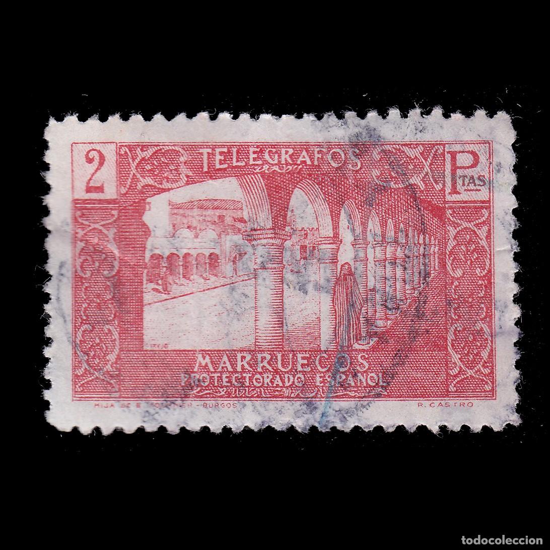 Sellos: MARRUECOS ESPA&Ntilde;A. TEL&Eacute;GRAFO 1938. 2p.cancelado Edif. 47 + OBSEQUIO.