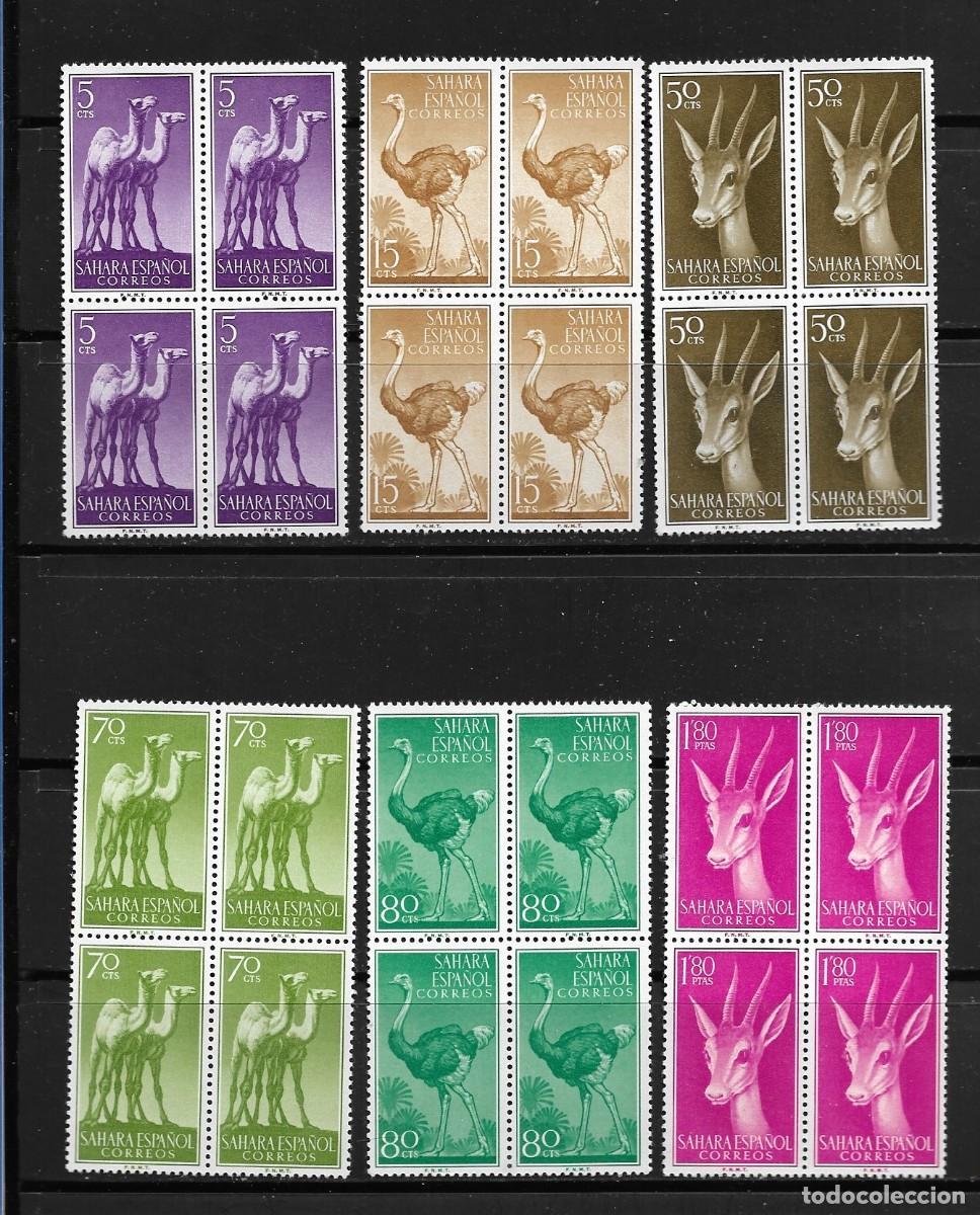 Sellos: SAHARA 1957, SERIE EDIFIL 133/138 EN BLOQUE DE 4. - FAUNA IND&Iacute;GENA. MNH.