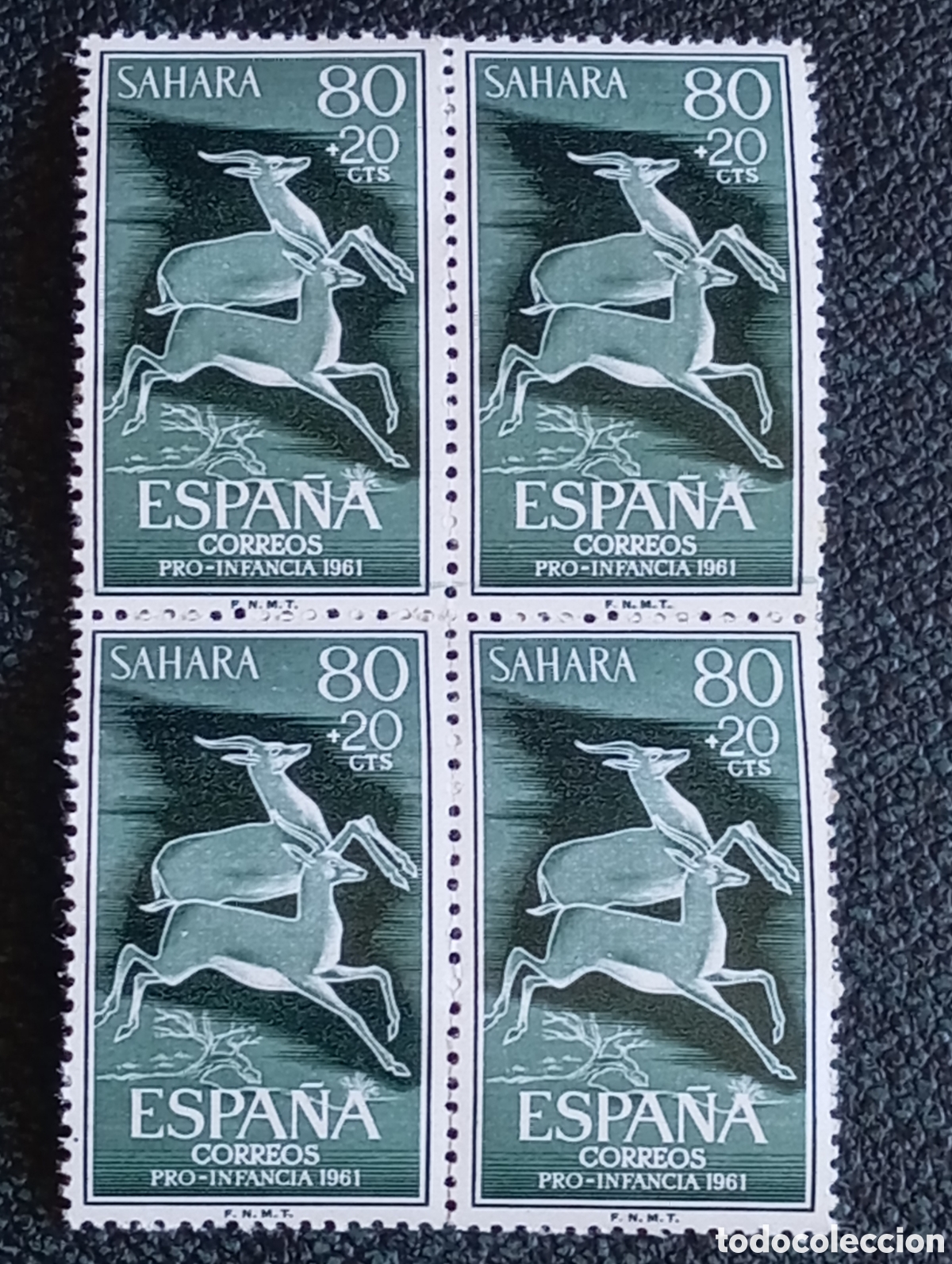 Sellos: &rdquo;Bloque 4 sellos Sahara Gacelas Pro Infancia 1961 Edifil 192 MNH 80+20 cts&rdquo;