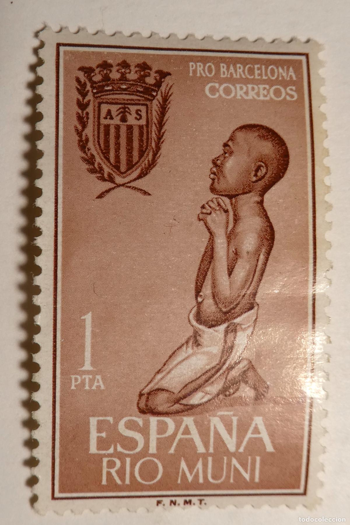 Sellos: Sello postal de Espa&ntilde;a Rio Muni 1 peseta Pro Barcelona 1963