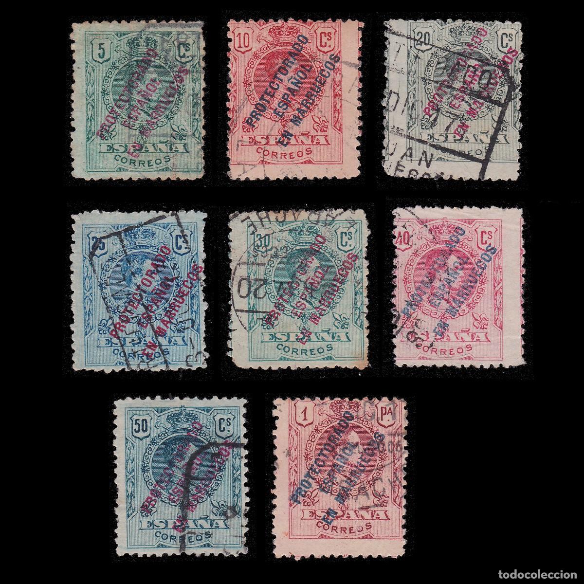 Sellos: ESPA&Ntilde;A MARRUECOS. 1915. Alfonso XIII. 8 valores Matasello + OBSEQUIO