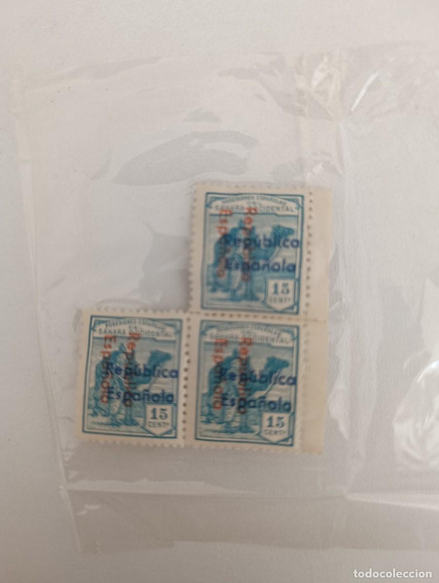 Sellos: Tr&iacute;ptico Sahara 15 cts (1931) - Doble Sobrecarga (Error) + N&ordm; A000,993