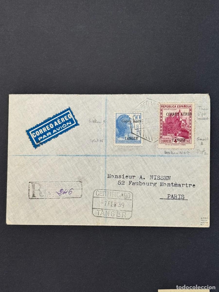 Briefmarken: T&aacute;nger, Sellos de Espa&ntilde;a, 1939, Edifil 109 y 112d en sobre certificado a Paris, marquil. ROIG (RARO)