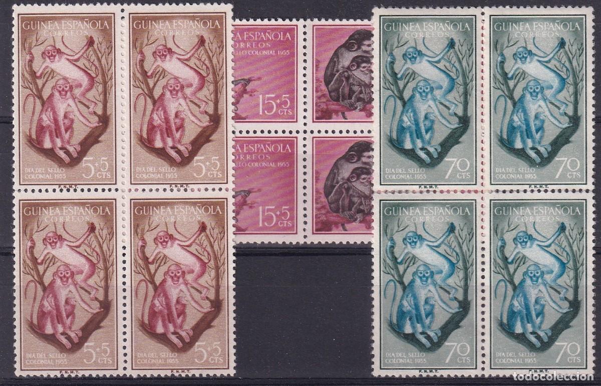 Stamps: Sellos DEPENDENCIAS ESPA&Ntilde;OLAS GUINEA a&ntilde;o 1955 Edifil 355/357** bloque de 4 en NUEVO v.c. 40 &euro;