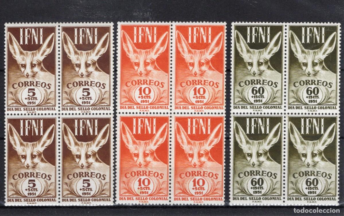 Sellos: Sellos DEPENDENCIAS ESPA&Ntilde;OLAS IFNI a&ntilde;o 1950 Edifil 76/78** SERIE COMPLETA bloque 4 en NUEVO v.c. 17&euro;