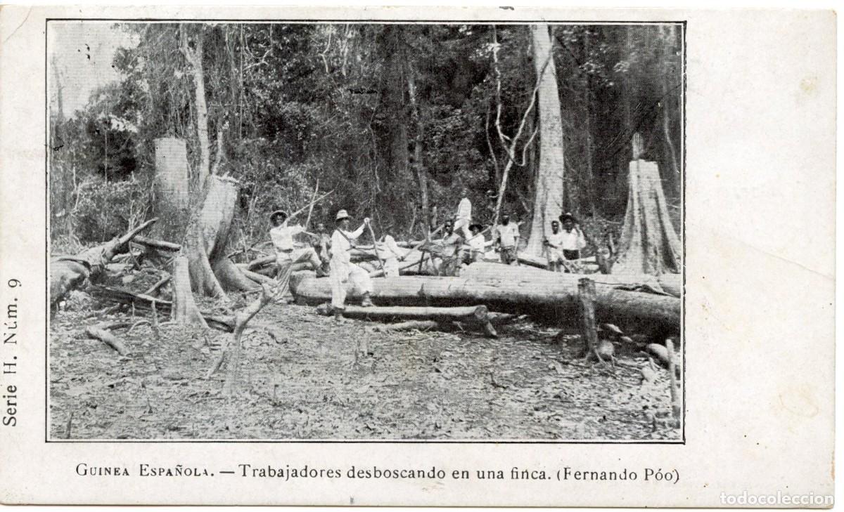 Sellos: FERNANDO POO. Antigua tarjeta &rdquo;TRABAJADORES DESBOSCANDO FINCA&rdquo; CIRCULADA DE GERONA A BARNA EN 1946