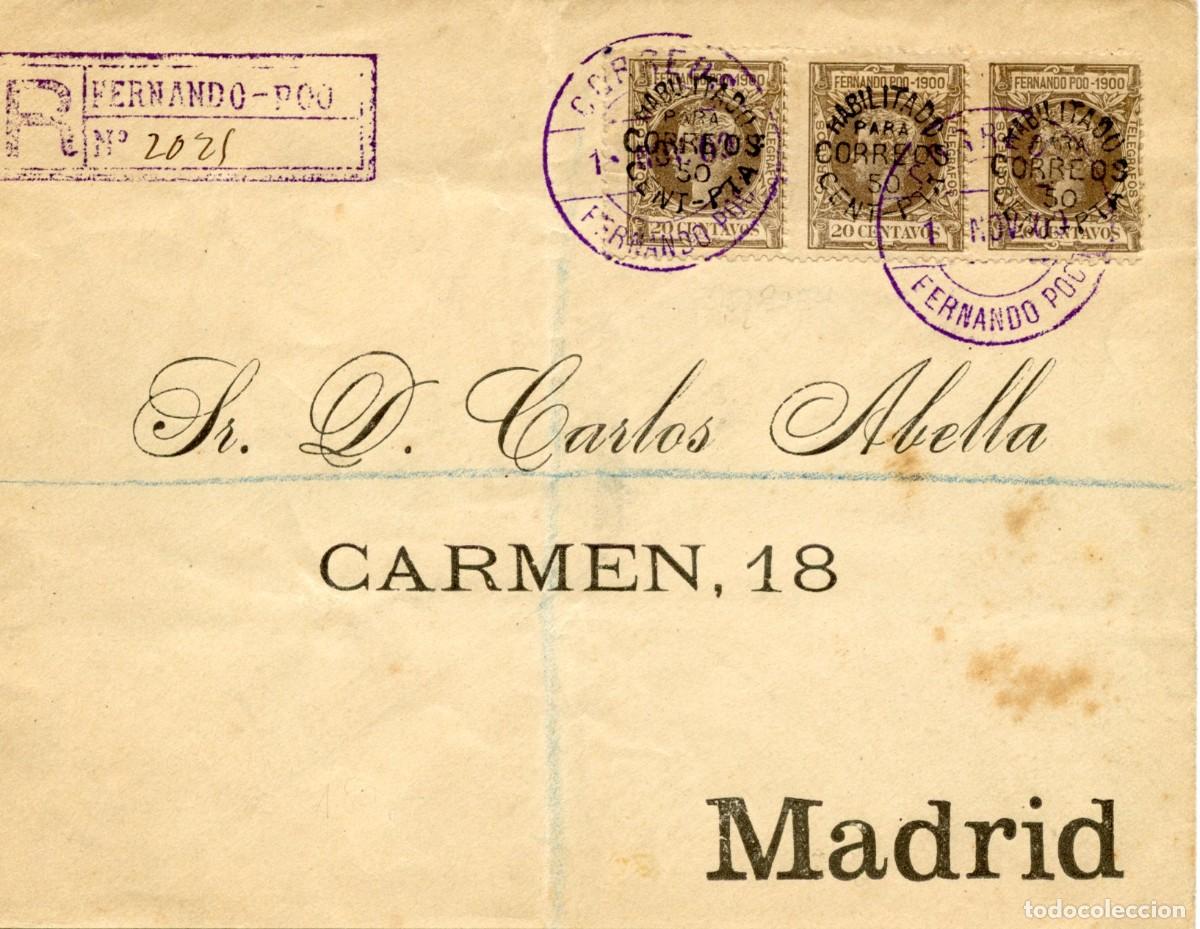 Sellos: CARTA CERTIFICADA DE FERNANDO POO 1 NOV 1900 A MADRID CON 3 SELLOS N&ordm; 94. LLEGADA 26 DIC. 1900