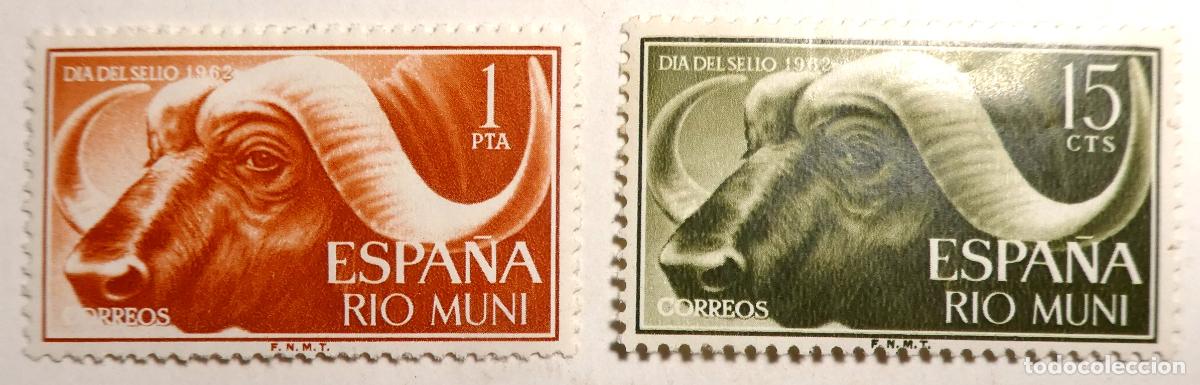 Sellos: 2 Sellos postales de Espa&ntilde;a, Rio Muni dia del sello 1962