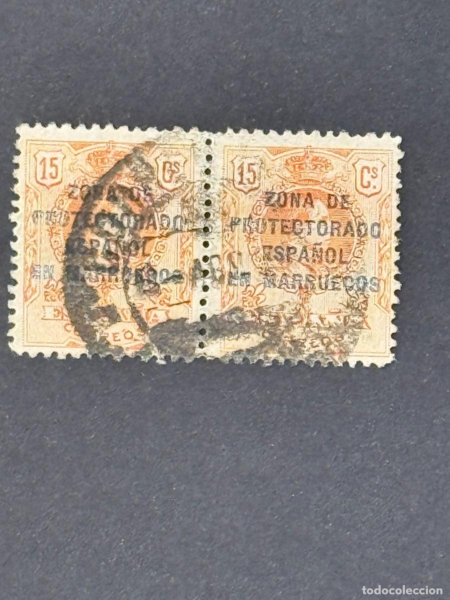 Selos: Marruecos, Sellos de Espa&ntilde;a habilitados, 1916-1920 Edifil 61nc, numeraci&oacute;n azul, en pareja, usados