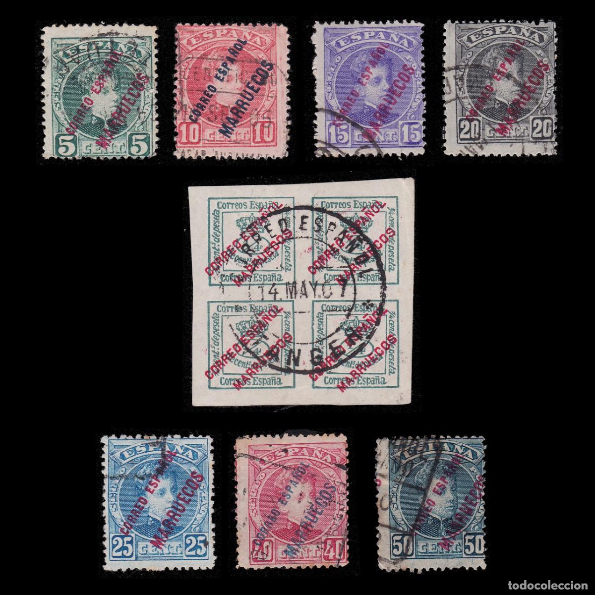 Sellos: ESPA&Ntilde;A MARRUECOS. 1903-09. Alfonso XIII. 8 valores Matasello + OBSEQUIO