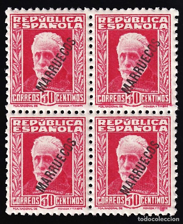 Briefmarken: TANGER, 1933-38 EDIFIL N&ordm; 77 /**/, 30 c. carm&iacute;n, [Bloque de cuatro / SIN FIJASELLOS. Cat. 640&euro;.]