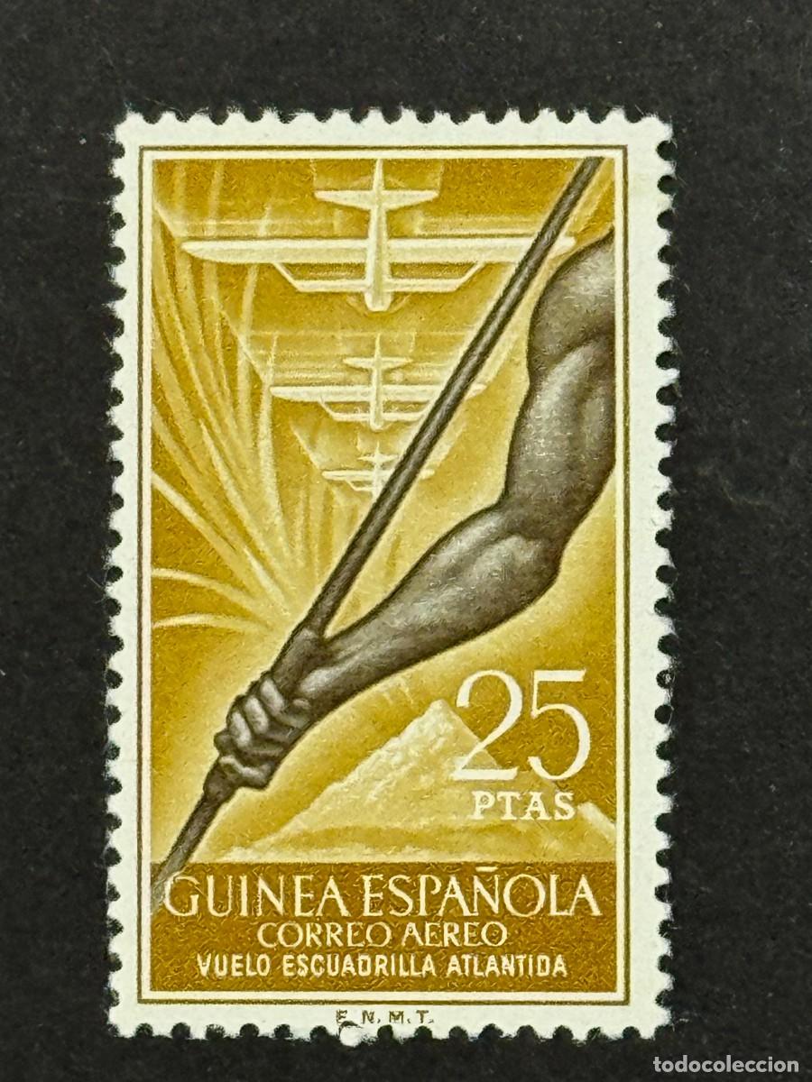 Sellos: Guinea, Conmemorativo del vuelo de la escuadrilla Atl&aacute;ntida, 1957, Edifil 368, nuevo con fijasellos
