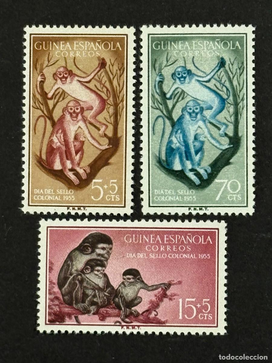 Sellos: Guinea, D&iacute;a del Sello, 1955, Edifil 355 al 357, nuevos con fijasellos