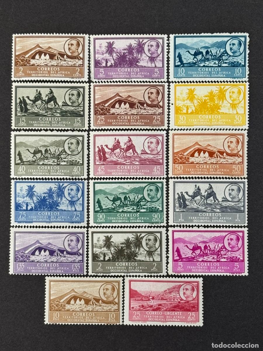 Sellos: &Aacute;frica Occidental, Paisajes y efigie del General Franco, 1950, Edifil 3 al 19, nuevos con fijasellos