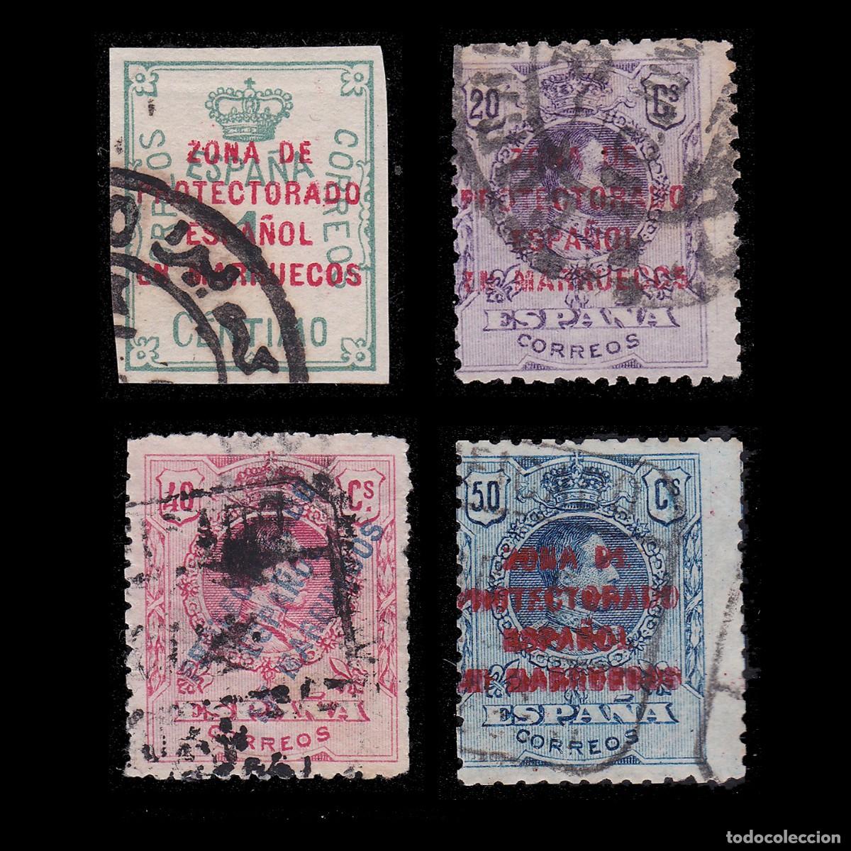 Sellos: ESPA&Ntilde;A MARRUECOS. 1921-27. Alfonso XIII. Matasello. Edifil 74-77 + OBSEQUIO