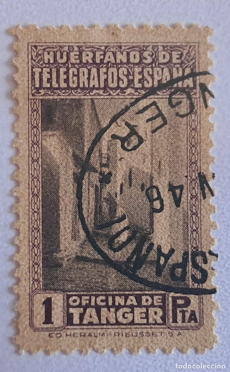 Sellos: OFICINA DE T&Aacute;NGER - HU&Eacute;RFANOS DE TEL&Eacute;GRAFOS - ESPA&Ntilde;A - 1 PESETA.