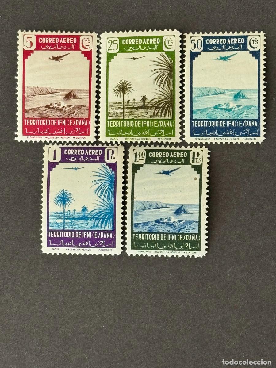 Sellos: Ifni, Paisajes y avi&oacute;n, 1943, Edifil 28 al 32, nuevos con fijasellos