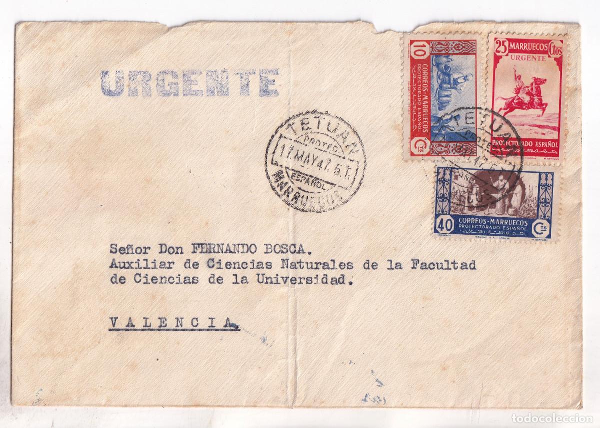 Sellos: SOBRE URGENTE. TETU&Aacute;N. 1947. MARRUECOS. A VALENCIA. DORSO AMBULANTE CEUTA Y FECHADORES