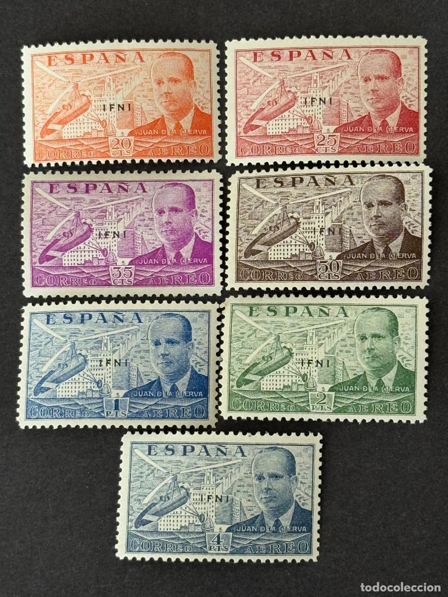 Sellos: Ifni, Sellos de Espa&ntilde;a, Juan de la Cierva, habilitados, 1941, Edifil 15A/15G, nuevos con fijasellos