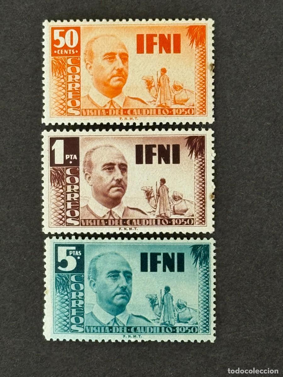 Sellos: Ifni, Visita del General Franco, 1951, Edifil 73 al 75, nuevos con fijasellos