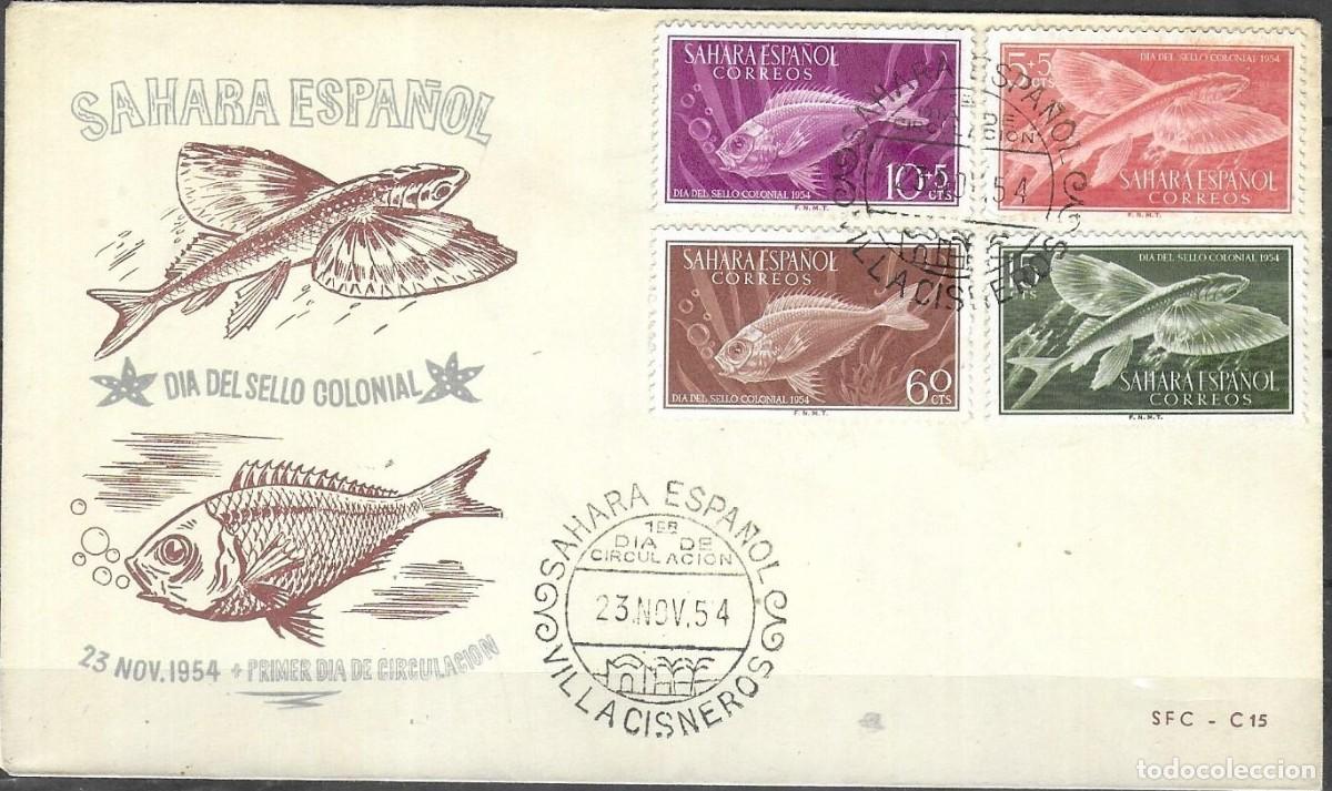 Sellos: Sobre de Primer D&iacute;a (FDC) 1954 - S&aacute;hara Espa&ntilde;ol - D&iacute;a del Sello Colonial (Peces)