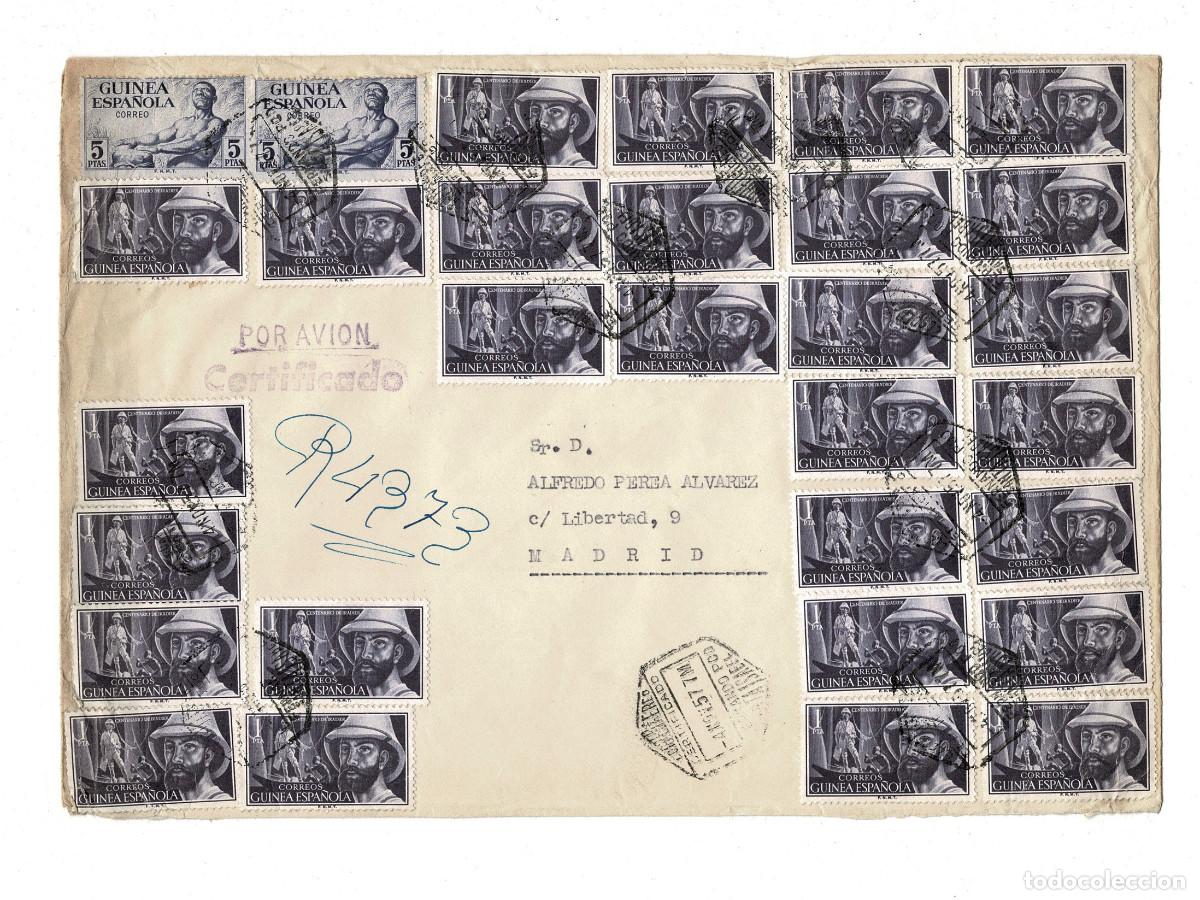 Briefmarken: ESPECTACULAR SOBRE GUINEA ESPA&Ntilde;OLA 1957. FRANQUEO MASIVO IRADIER CERTIFICADO A&Eacute;REO.