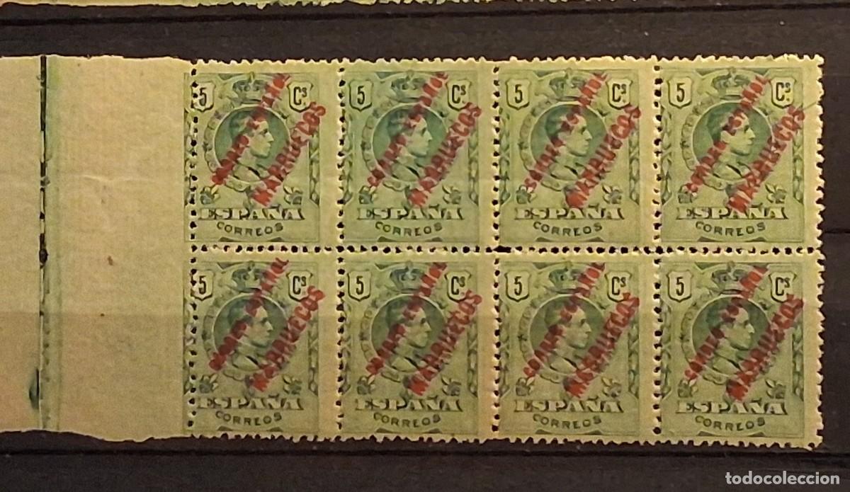 Sellos: ESPA&Ntilde;A, T&Aacute;NGER, 1909-1914, CAT.EDIFIL 2, DEL 268, BLOQ. DE 8 , NUM. DORSO. BORDE DE HOJA. DOBLADO