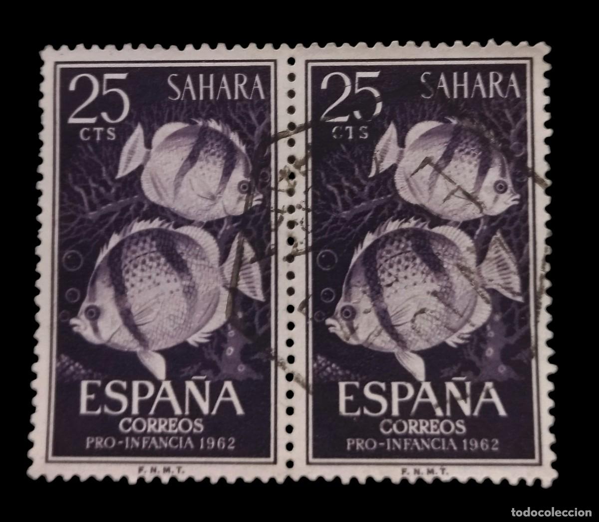 Sellos: S&Aacute;HARA ESPA&Ntilde;OL 1962 Pro infancia - Fauna Marina. Edifil 209. PAREJA USADA.
